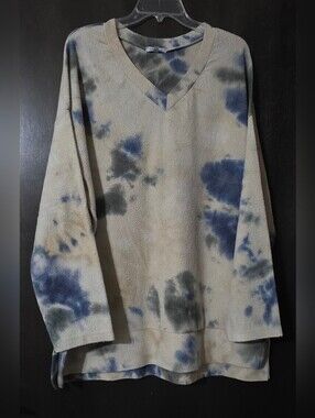 white birch Beige Blue Tie-dyed V-Neck Fleece Tunic Lounge Shirt Size 3X Hi-Lo